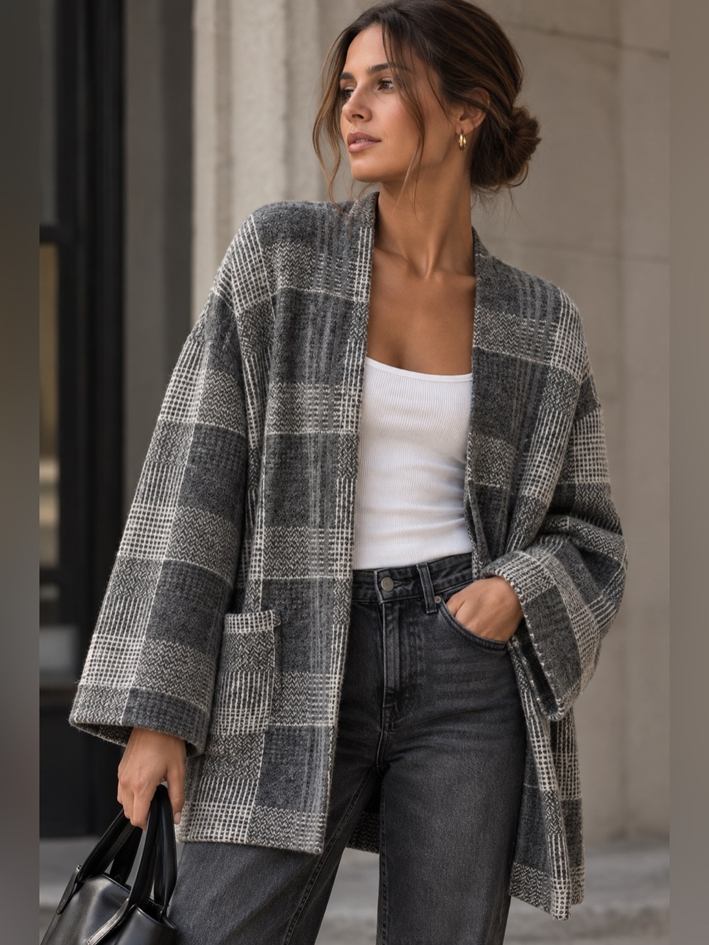 Wilfred Aritzia 100% Merino Wool Plaid Open Cardigan